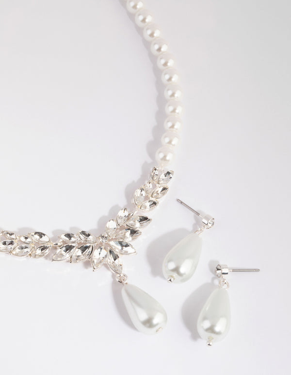 Silver Teardrop Pearl Necklace & Earrings Set