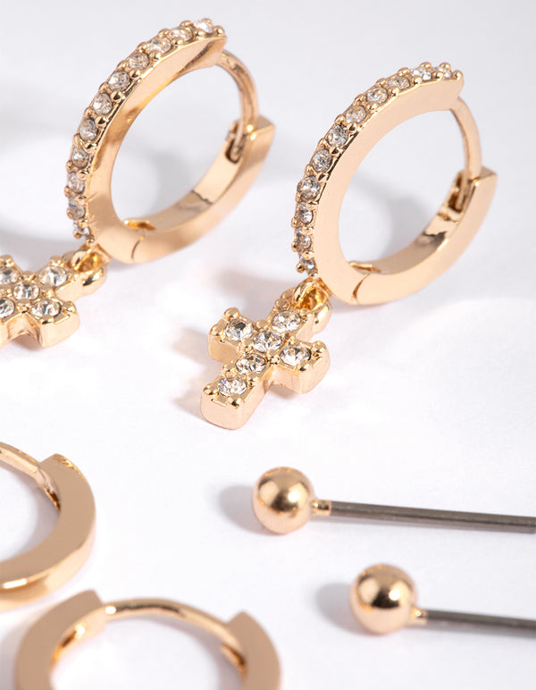 Gold Plain & Diamante Cross Earring Pack
