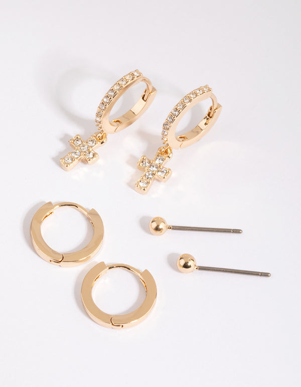 Gold Plain & Diamante Cross Earring Pack