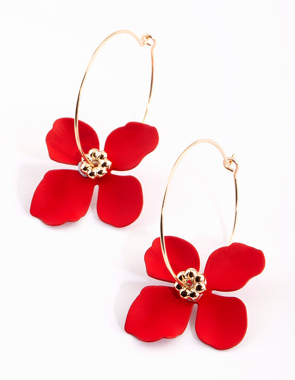 Red Flower Hoop Earrings