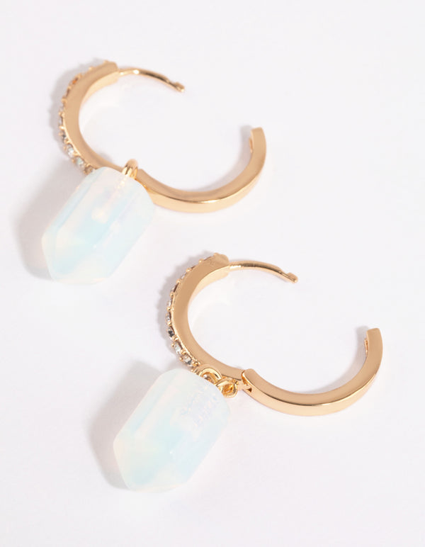 Gold Moonstone & Diamante Huggie Earrings