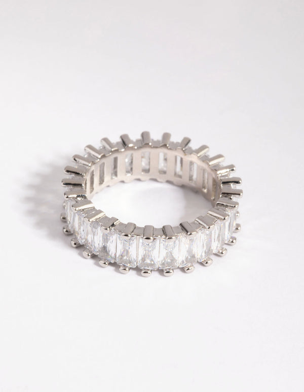 Rhodium Diamond Simulant Baguette Ring
