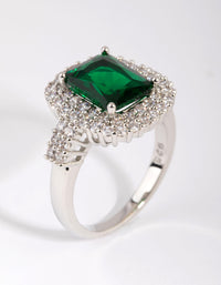 Rhodium Emerald Diamond Simulant Square Ring - link has visual effect only