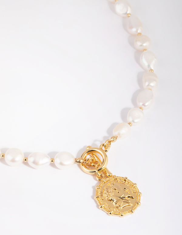 Gold Plated Coin & Fob Necklace with Freshwater Pearl