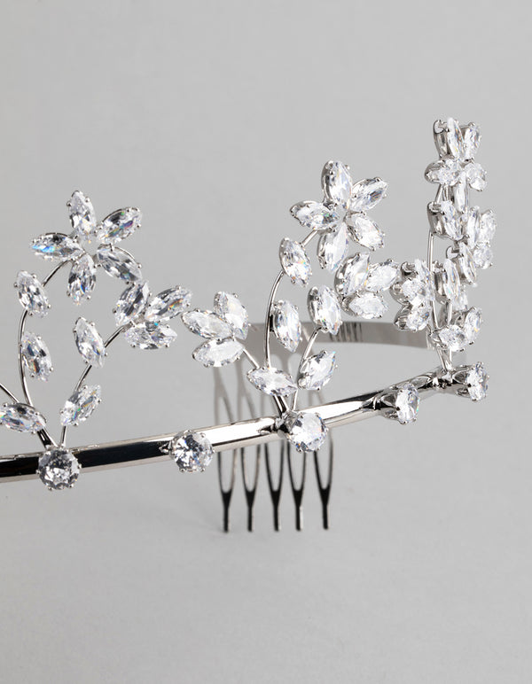 Rhodium Cubic Zirconia Draped Flower Tiara