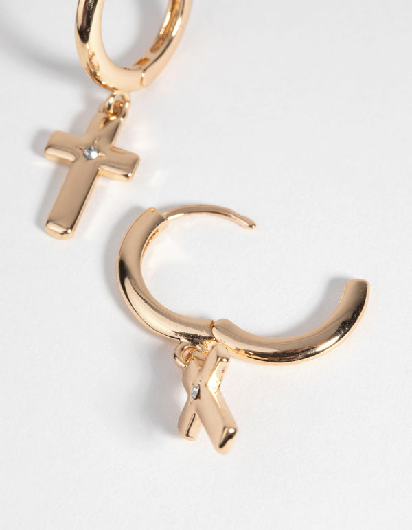 Gold Diamante Cross Huggie Hoop Earrings