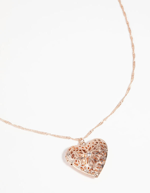 Rose Gold Diamante Heart Locket Necklace