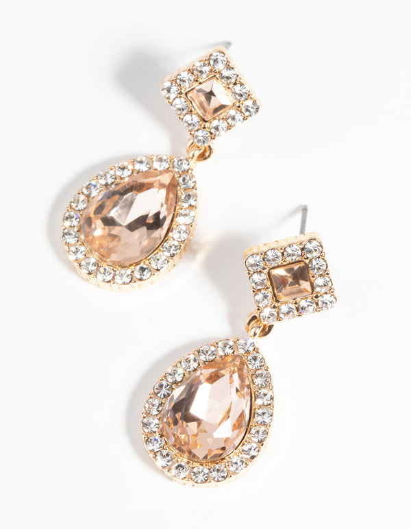 Gold Diamond Simulant Oval Drop Earrings