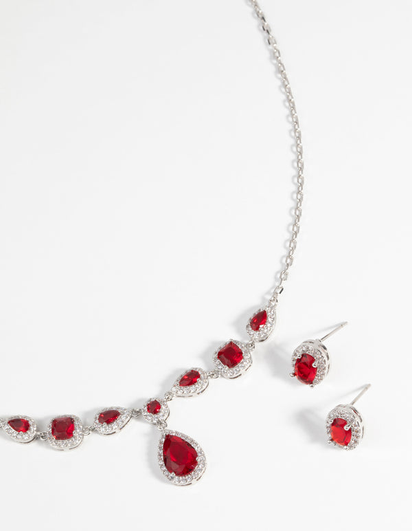 Ruby Diamond Simulant Oval Necklace & Earrings Set