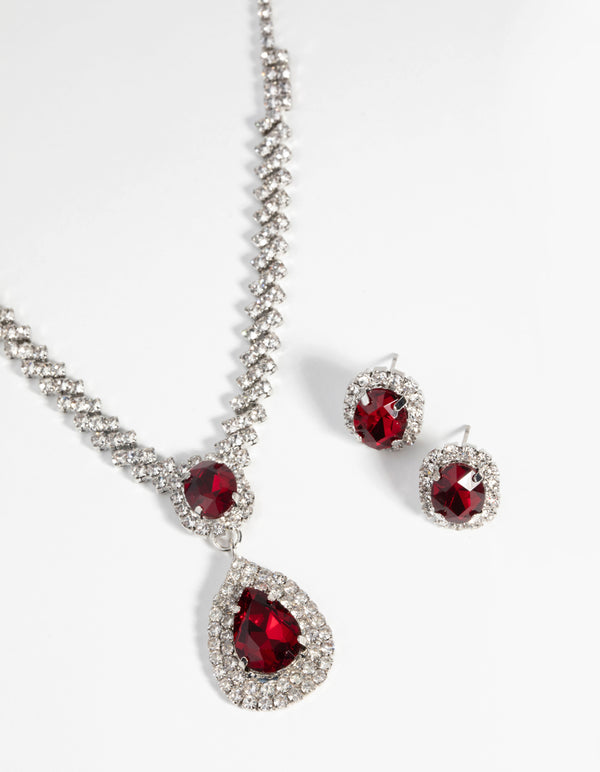 Ruby Diamond Simulant Necklace & Earrings Set