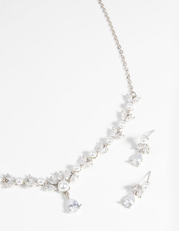 Rhodium Diamond Simulant Teardrop Necklace & Earrings