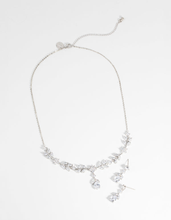 Rhodium Diamond Simulant Floral Necklace & Earrings Set - Lovisa