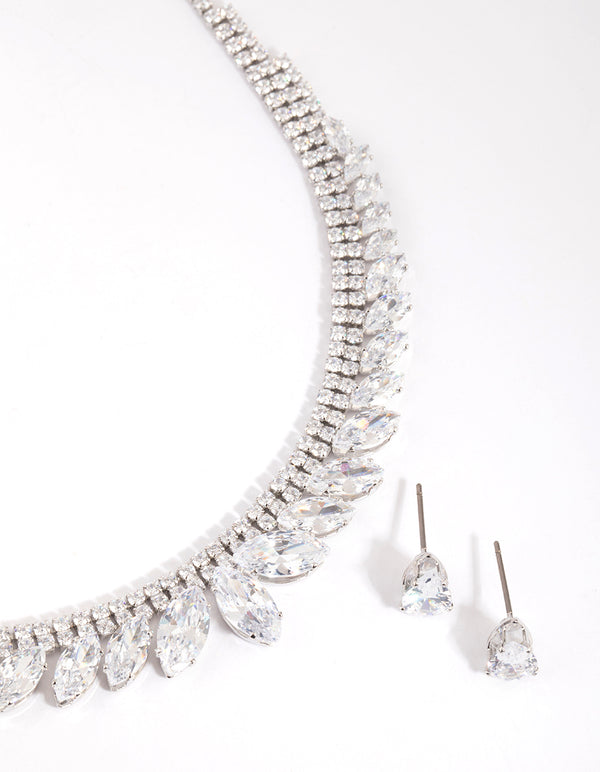 Rhodium Diamond Simulant Marquise Necklace & Earrings Set