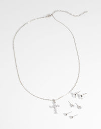 Rhodium Diamond Simulant Cross Necklace & Earrings Set - link has visual effect only