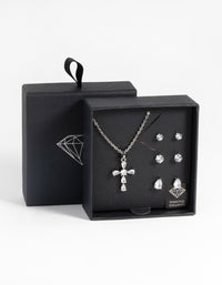 Rhodium Diamond Simulant Cross Necklace & Earrings Set - link has visual effect only