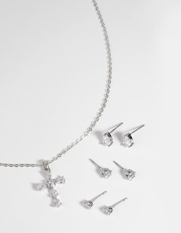 Rhodium Diamond Simulant Cross Necklace & Earrings Set