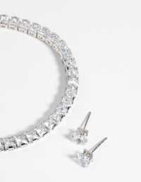 Rhodium Square Diamond Simulant Bracelet & Earrings Set - link has visual effect only