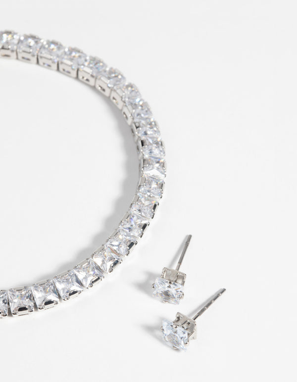 Rhodium Square Diamond Simulant Bracelet & Earrings Set