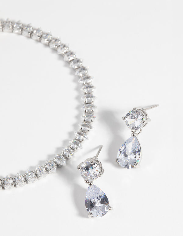 Rhodium Diamond Simulant Marquise Bracelet & Earrings Set