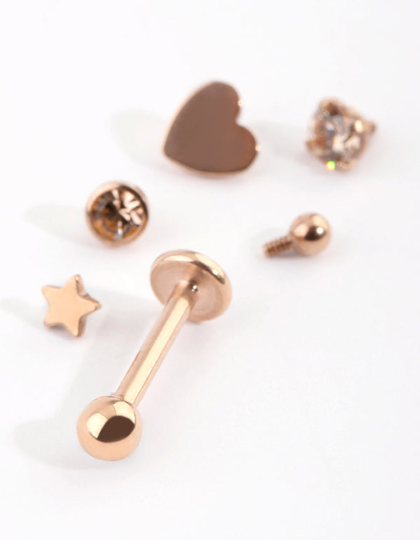 Rose Gold Plated Titanium Heart & Star Flat Back 6-Pack
