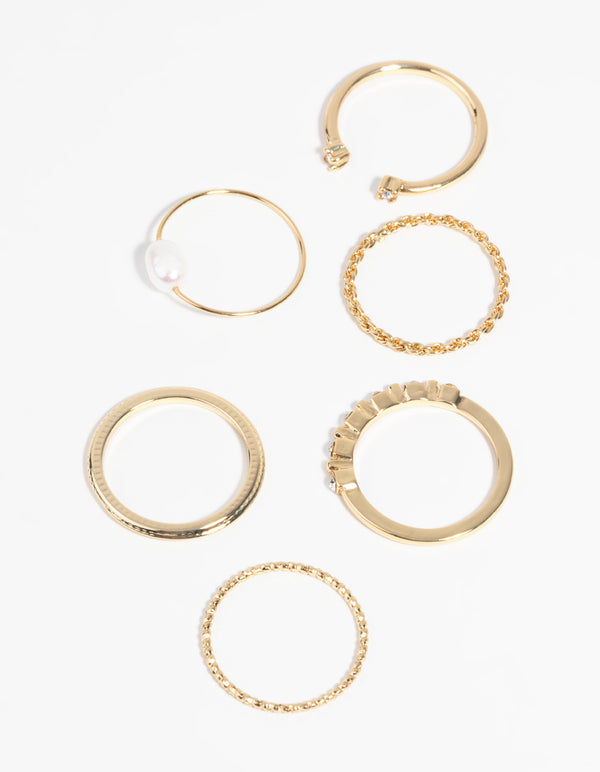 Gold Plated Ring Stack Pack with Freshwater Pearls