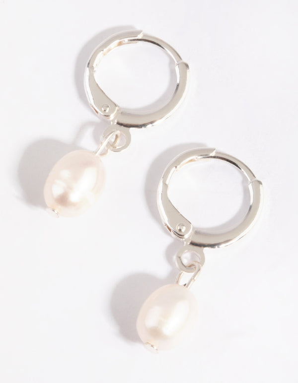 Silver Freshwater Pearl Huggie Hoop Earrings