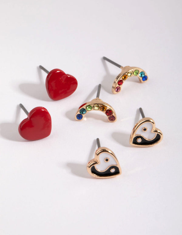 Gold Heart & Rainbow Stud Earring Pack