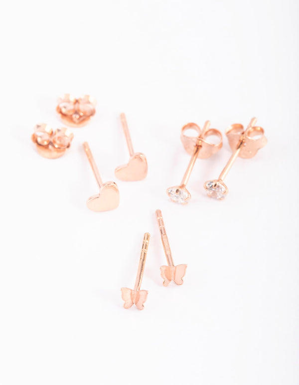 Rose Gold Plated Sterling Silver Heart & Butterfly Stud Earring Pack
