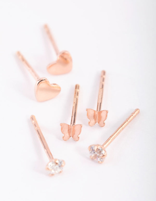 Rose Gold Plated Sterling Silver Heart & Butterfly Stud Earring Pack