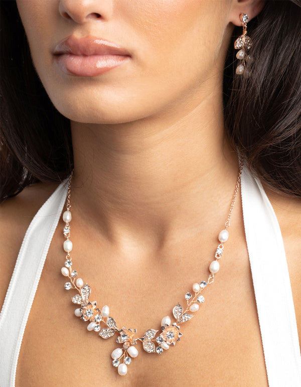 Rose Gold Diamante & Pearl Necklace