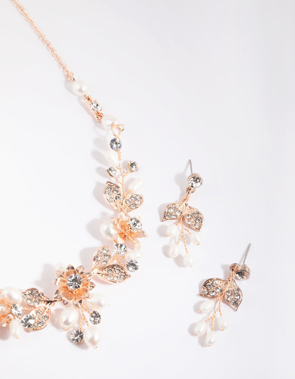 Rose Gold Diamante & Pearl Necklace