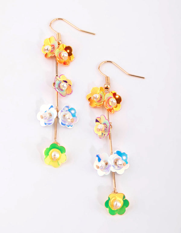 Gold Metallic Flower Drop Earrings