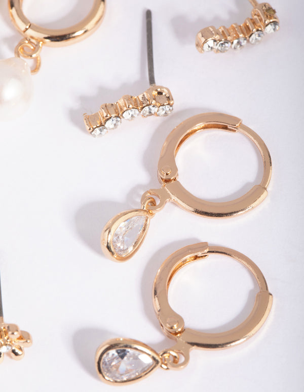 Gold Diamante & Freshwater Pearl Huggie Hoop Earring Stack Pack - Lovisa