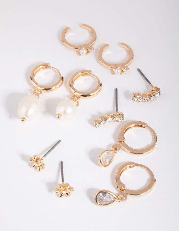 Gold Diamante & Freshwater Pearl Huggie Hoop Earring Stack Pack - Lovisa