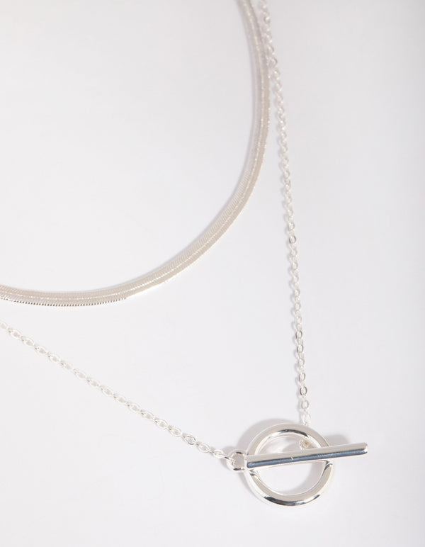 Silver Plated Snake Chain & Fob Necklace Set
