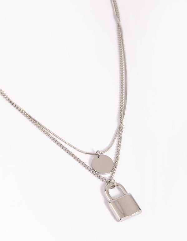 Stainless Steel Disc & Padlock Layered Necklace