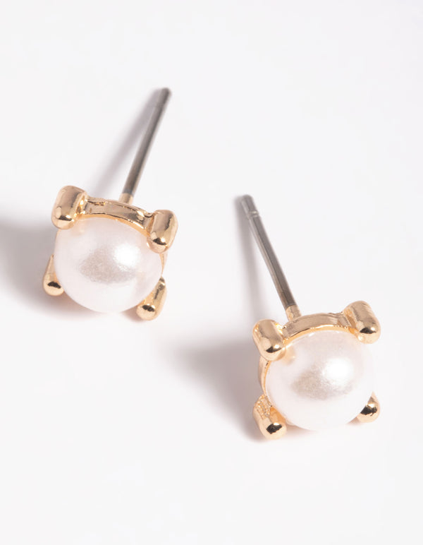 Gold Square Pearl Stud Earrings
