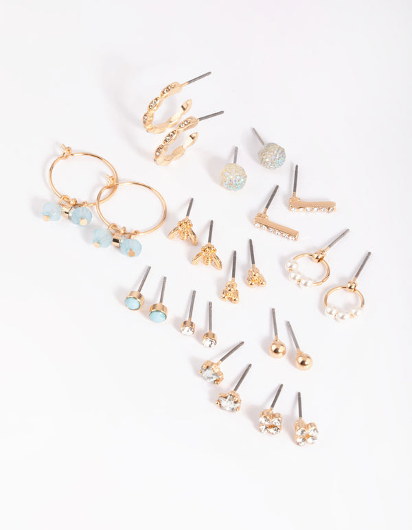 Gold Bee & Diamante Stud Earring 12-Pack