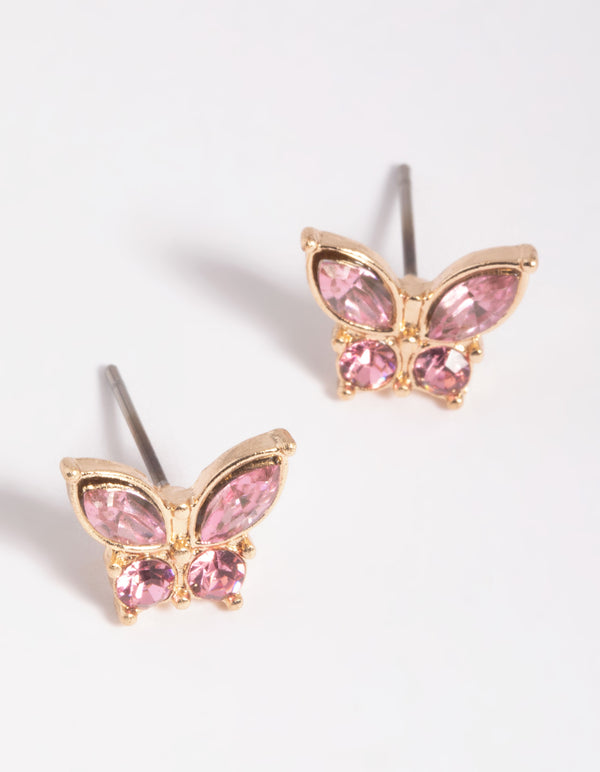 Pink Diamante Butterfly Stud Earrings