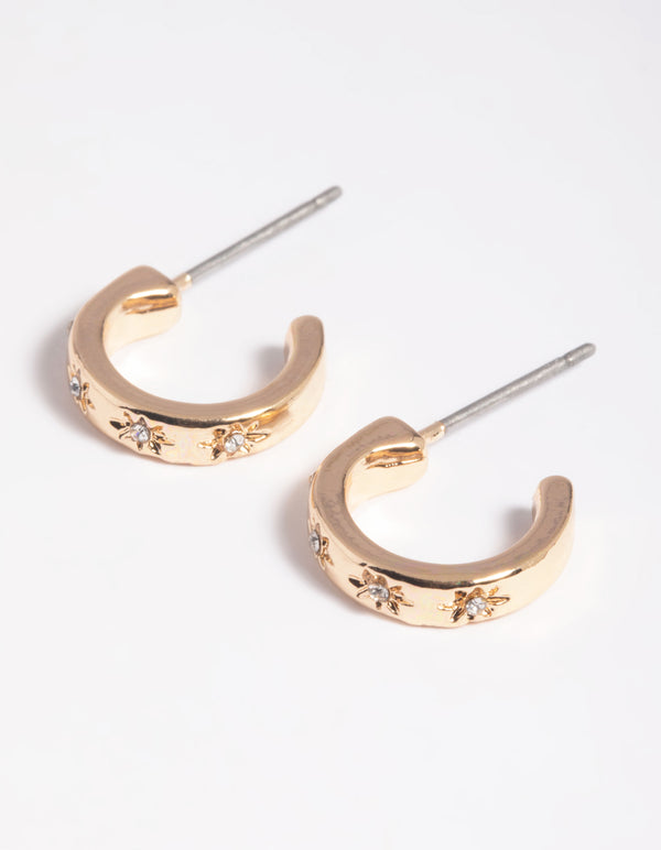 Gold Diamante Star Huggie Hoop Earrings