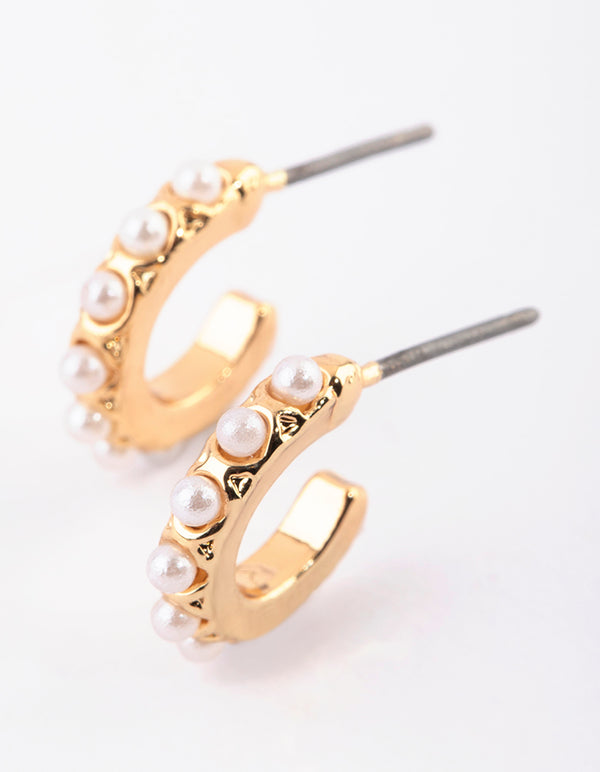 Gold Pearl Huggie Hoop Earrings