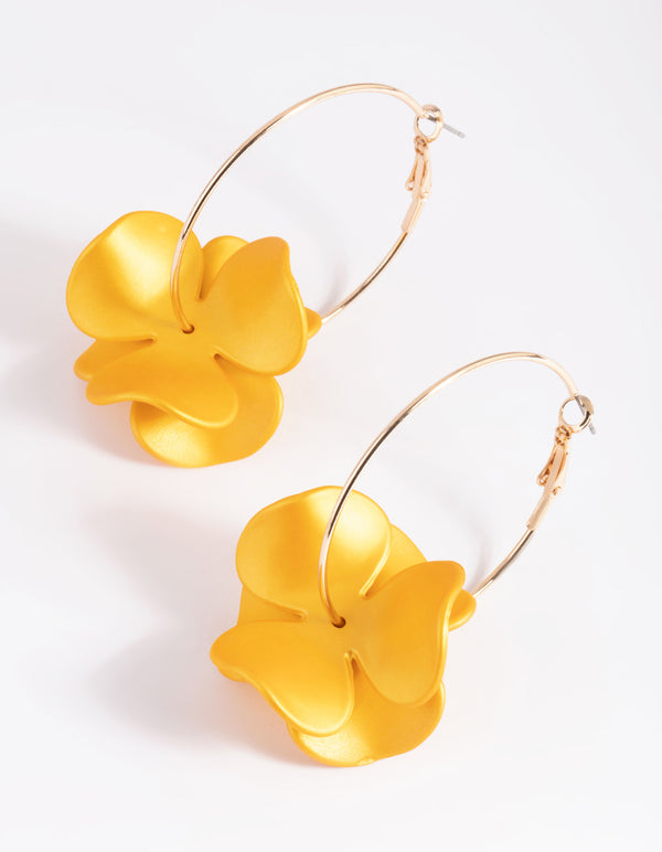 Matte Yellow Flower Hoop Earrings