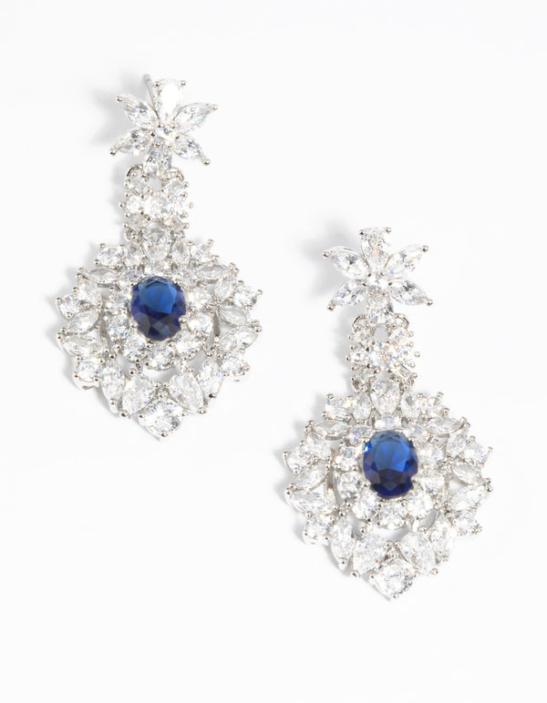 Rhodium Diamond Simulant Sapphire Drop Earrings