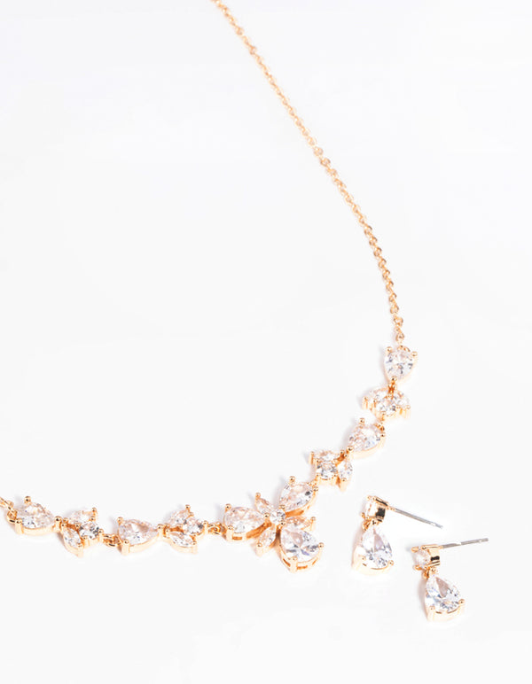 Rhodium Diamond Simulant Floral Necklace & Earrings Set
