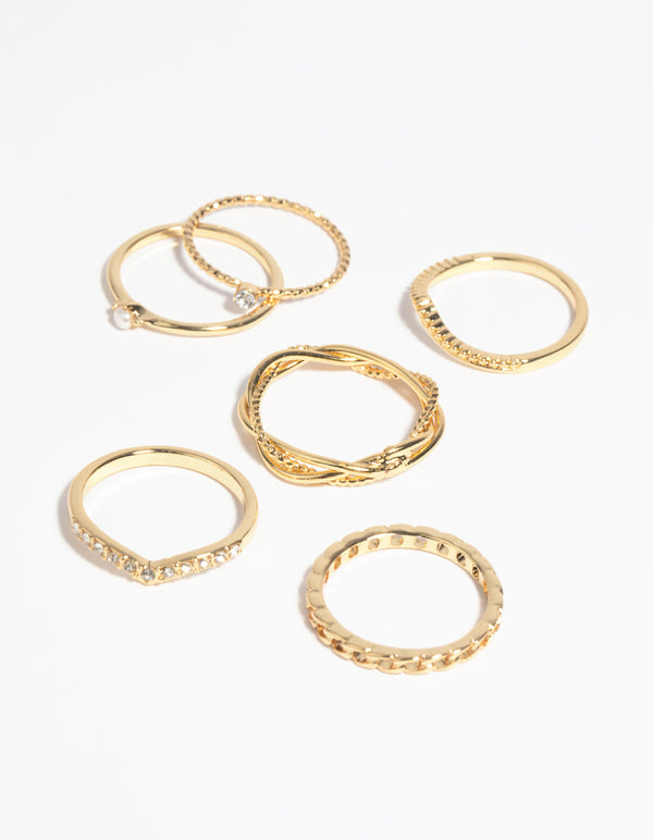 Gold Plated Diamante Twist Ring 6-Pack