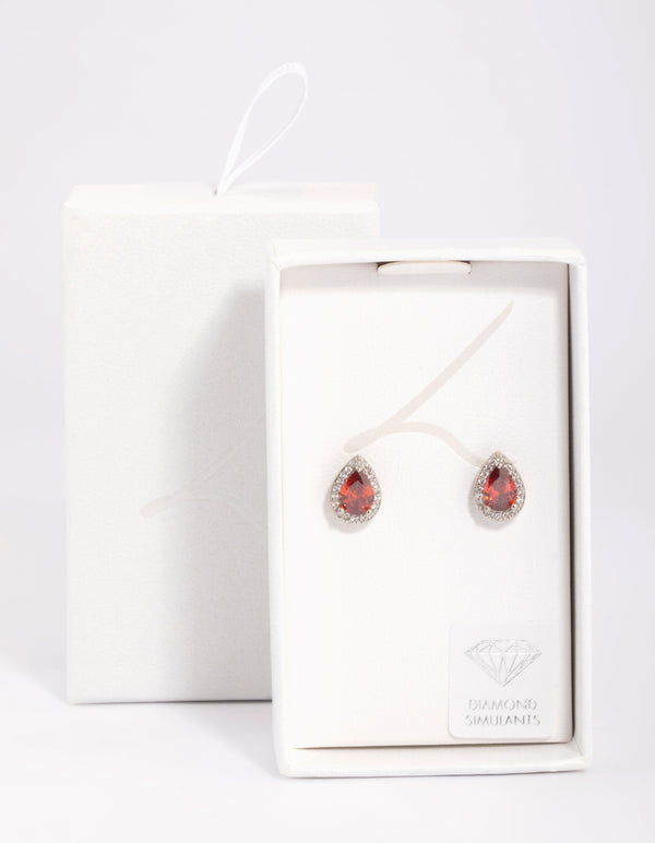 Red Cubic Zirconia Pear Halo Stud Earrings
