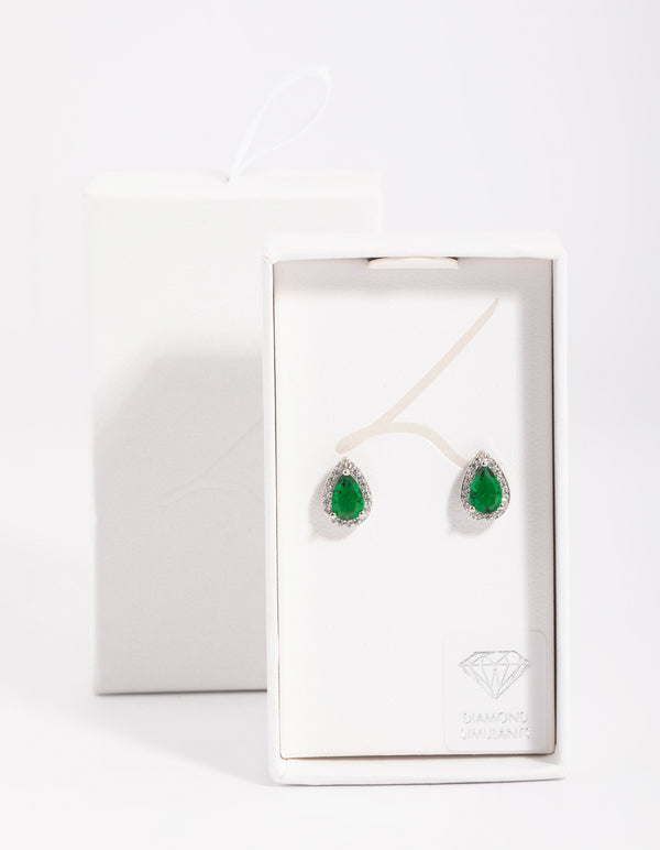 Green Cubic Zirconia Pear Halo Stud Earrings