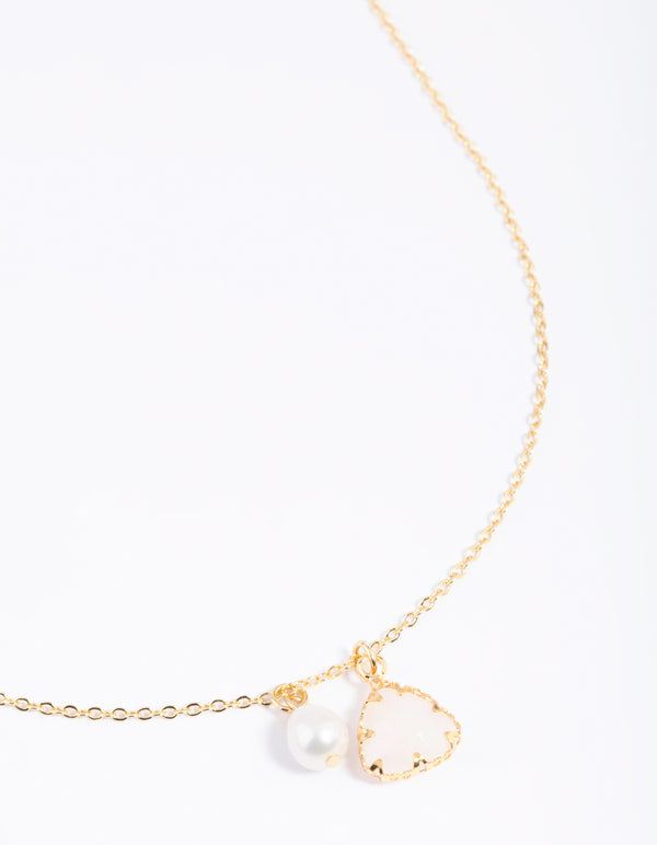 Gold Plated Freshwater Pearl & Rose Quartz Charm Necklace
