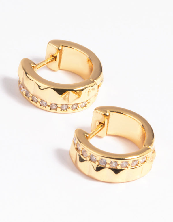 Gold Plated Cubic Zirconia Textured Huggie Hoop Earrings