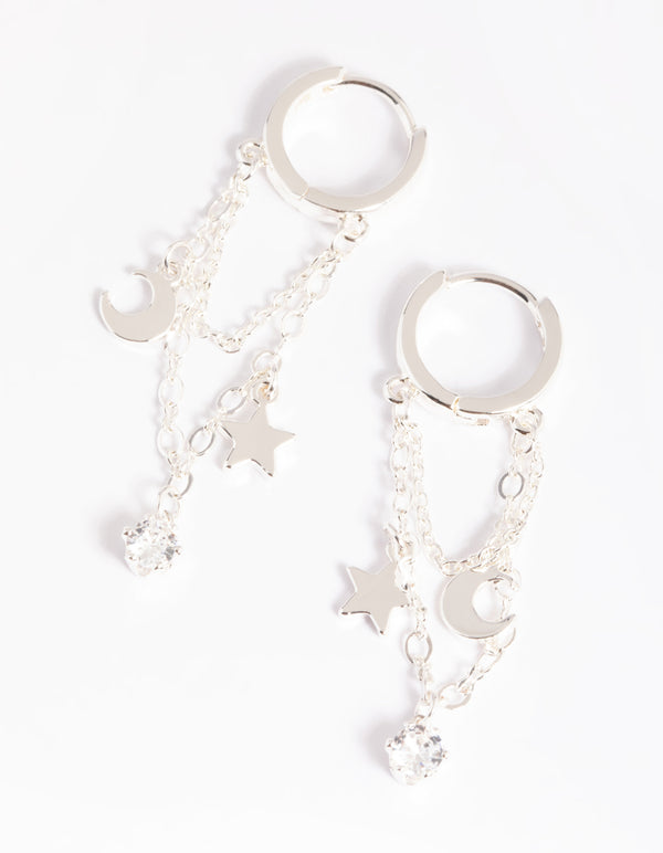 Silver Plated Cubic Zirconia Star & Moon Huggie Hoop Earrings
